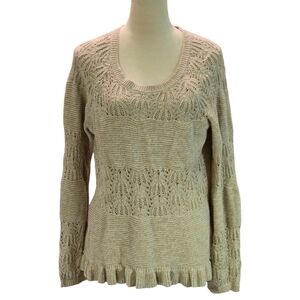 DKNY Beige Open Knit Lace Crochet Sweater Tapered Sleeves Ribbed Cuffs Women L